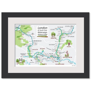 London and South East Waterways Netzplan-A3-A4 illustrierte Kanal Karte - Kunstdruck - Handgezeichnet - Poster - Perfektes Geschenk - Fertig zum Rahmen