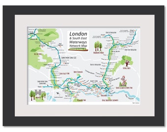 London and South East Waterways Network Map-A3-A4 illustrated Canal map - Art Print - Hand drawn - Poster - Perfect Gift-Ready to Frame
