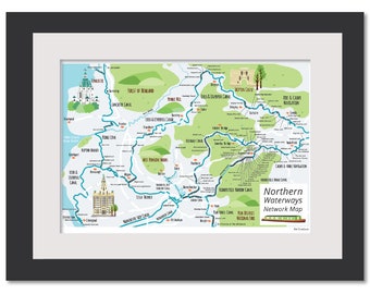 A4 Northern England Waterways Network Map - Northern Canal Map Print - Hand drawn Canal Map - Leeds Liverpool Canal Map