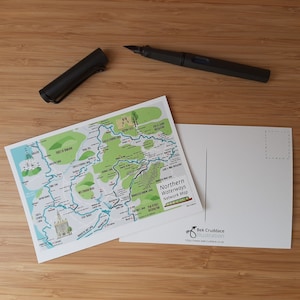 Cartão postal do mapa da rede de vias navegáveis do norte da Inglaterra - Cartão postal do mapa do Canal do Norte - Cartão postal do mapa desenhado à mão - Canal de Leeds Liverpool