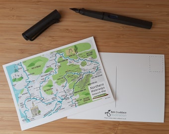 Northern England Waterways Network Map Postcard - Northern Canal Map Postcard - Hand drawn Map Postcard - Leeds Liverpool Canal