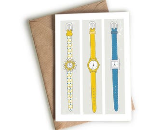Funky  Wrist Watches Card - Time - Quirky Card - Hand-drawn - Illustrated & Hand-drawn Stationery - Made in UK - Blank Card