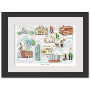 Carte illustrée Manchester, Angleterre - A4 - Carte dessinée à la main - Affiche - Cadeau parfait - Prêt à cadrer - Illustration de bâtiment, Impression de Manchester