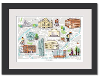 Illustrated Map Manchester, England - A4 - Hand-drawn Map - Poster - Perfect Gift - Ready to Frame - Building Illustration, Manchester Print