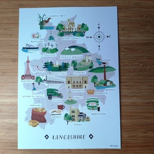 Carte illustrée du Lancashire - A4 - Carte dessinée à la main - Cadeau parfait - Prêt à encadrer