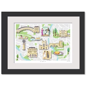 Illustrated Map Bath, Angleterre - A4 - Carte dessinée à la main - Affiche - Cadeau parfait - Prêt à cadrer - Illustrations de bâtiment, impression de carte de bain