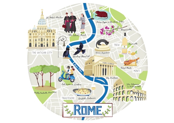 Illustrated Map Rome Hand-drawn Map Postcard Italy Postcard