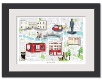 Illustrated Map Dublin, Ireland - A4 - Hand-drawn Map - Poster - Perfect Gift - Ready to Frame - Liberties Illustration, Dublin Print