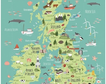 アート・デザイン・音楽 Early Printed Maps of the British Isles Illustrated Map of British Isles - Children's UK Map - A2 - A3