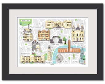 Illustrated Map London, England - A4 - Hand-drawn Map - Poster - Perfect Gift - Ready to Frame - Tate Illustration, London Print