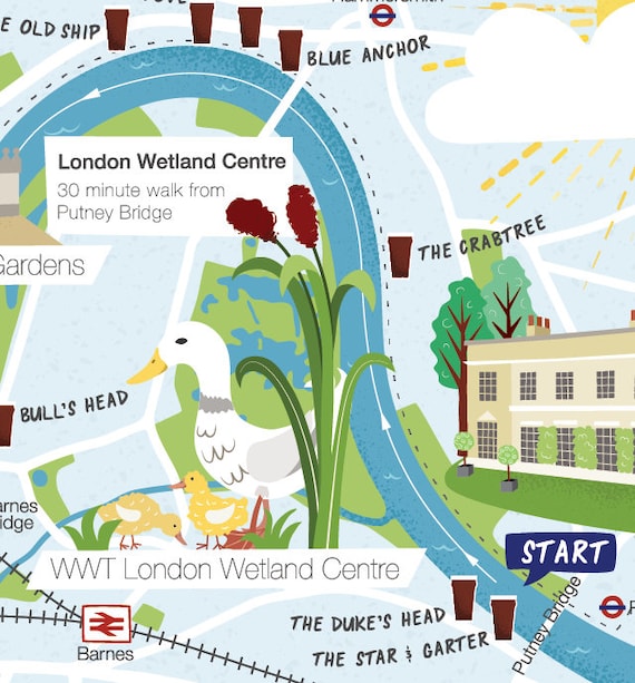 London Wetland Centre Map London Boat Race Illustrated Postcard Illustrated Thames Map | Etsy