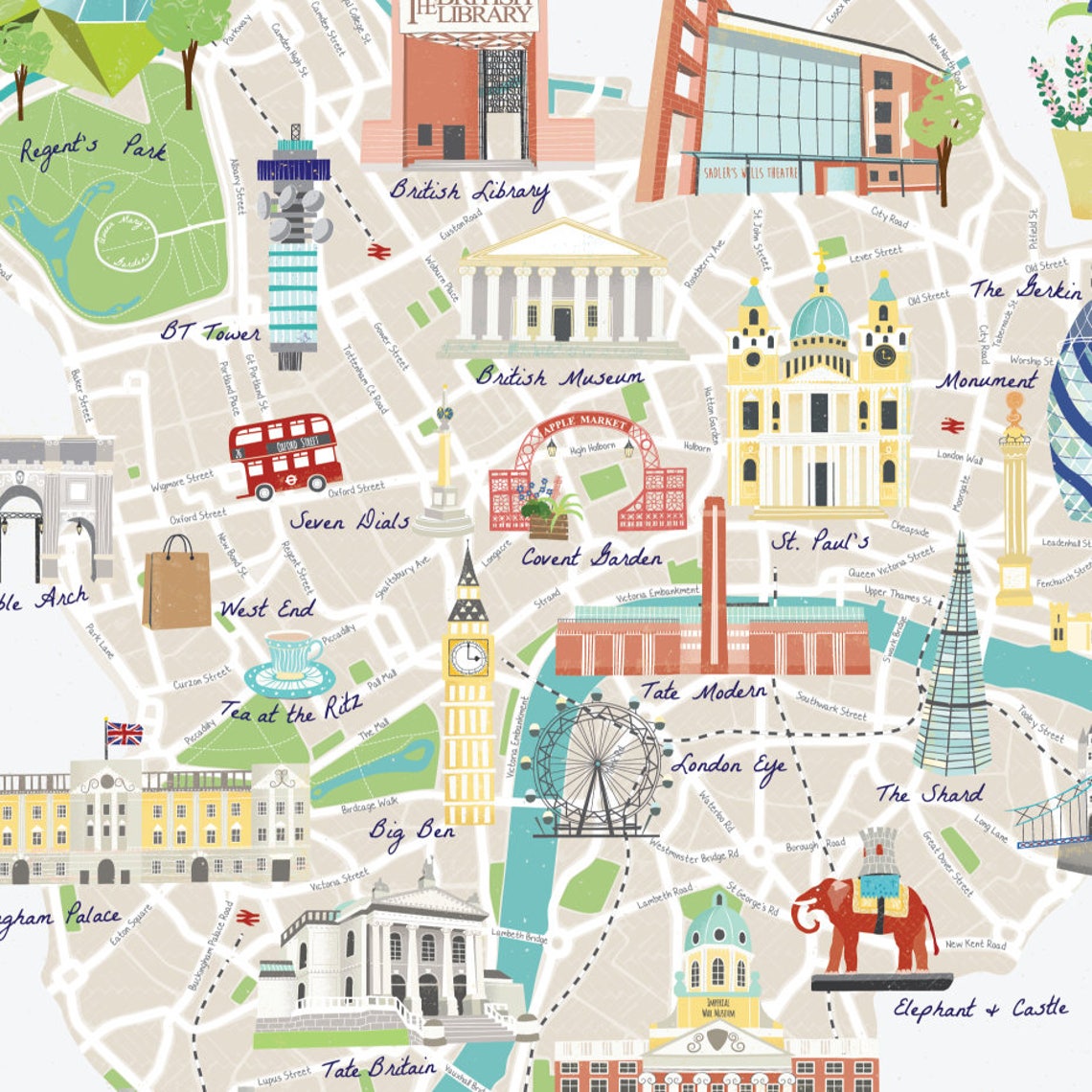 Illustrated Map of London A2 A3 London Map Colourful Art Print Hand-drawn Poster Perfect Gift 
