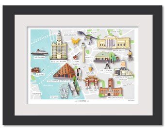 Illustrated Map Liverpool- A4 - Hand-drawn Map - Poster - Perfect Gift - Ready to Frame - Albert Dock - Mersey Ferry, Liverpool Print