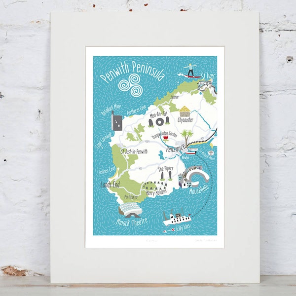 Illustrated Map of Cornwall - Penzance - Surfing - St Ives - Hand-drawn - A4 Art Print - Perfect Gift - Made in UK - Ready to Frame
