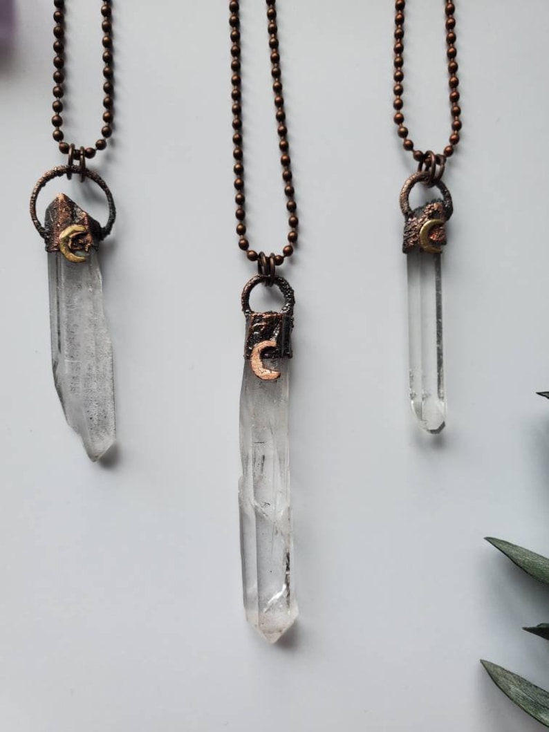 Crescent Moon Raw Clear Quartz Point Necklace Light /& Clarity Boho Witchy Crystal Pendant