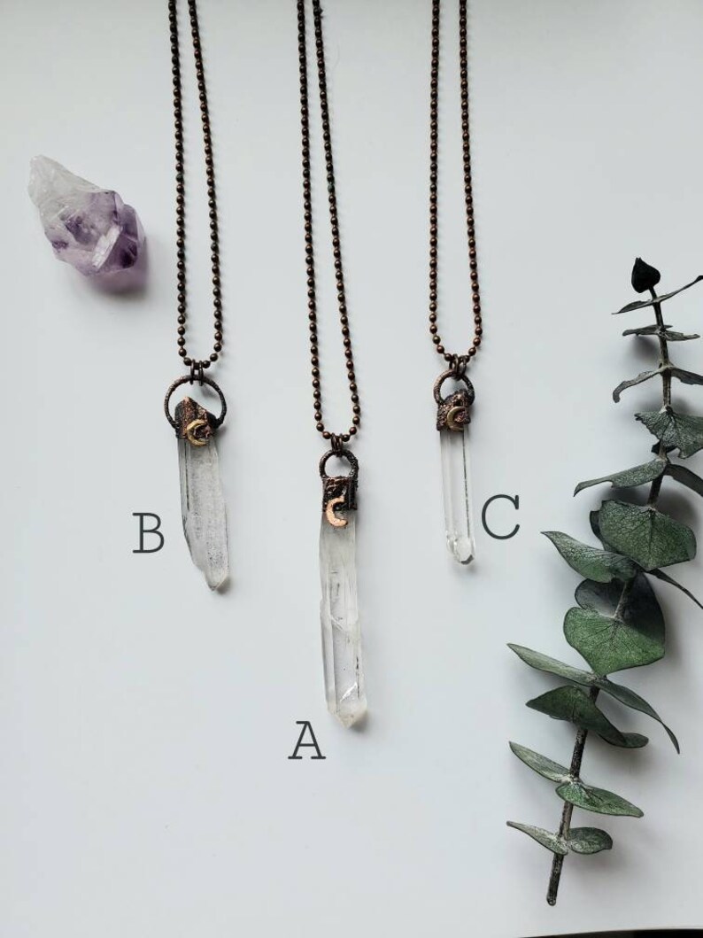 Crescent Moon Raw Clear Quartz Point Necklace Light /& Clarity Boho Witchy Crystal Pendant