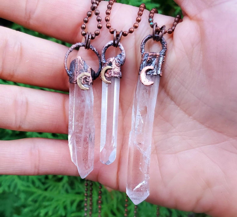 Crescent Moon Raw Clear Quartz Point Necklace Light /& Clarity Boho Witchy Crystal Pendant