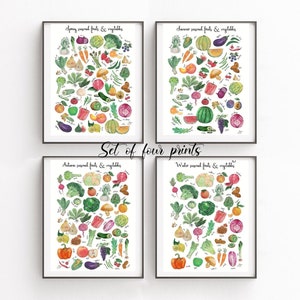 Four SEASON DIGITAL FILES set of 4 seasonal fruits & vegetables prints, watercolor illustration, nutrition diet, kitchen art print decor