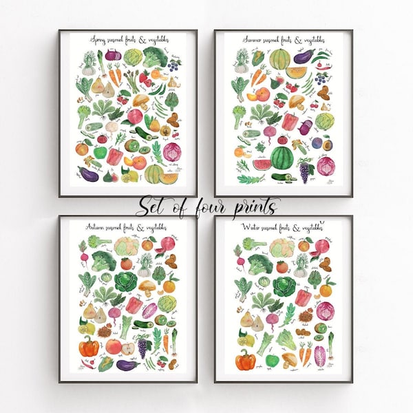 Four SEASON DIGITAL FILES ensemble de 4 imprimés de fruits et légumes de saison, illustration à l'aquarelle, régime alimentaire, décor d'impression d'art de cuisine