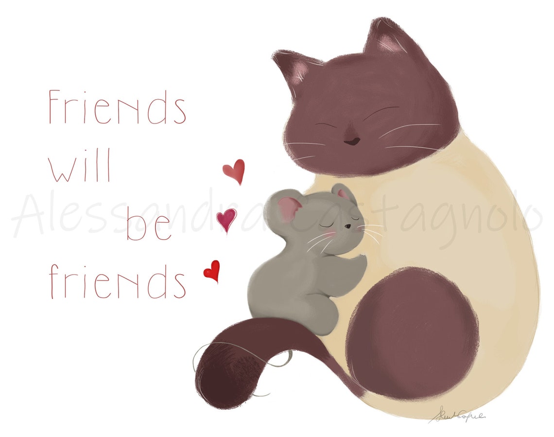 Nursery Mouse and Cat Love Friendship Art Print Cartoon Style Etsy