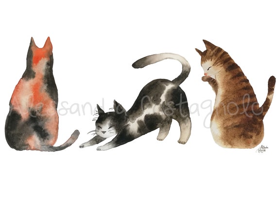 Three Watercolor Cats Illustration One Cat Just Leads To Etsy