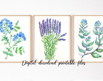 BLUE WILDFLOWERS set of 3 art prints, watercolor and ink paintings lavender jasmine alkanet, green purple, digital download printable files