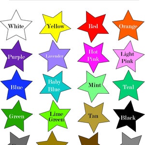 May include: A color chart titled Vinyl Color Choices featuring twenty stars arranged in five rows and four columns. Each star is a different solid color with its corresponding name printed in black or white text centered on the star shape.