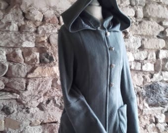 Manteau veste de fée Elfique " Elmine " manches mitaines et grande Capuche amovible en polaire gris Sanlivine