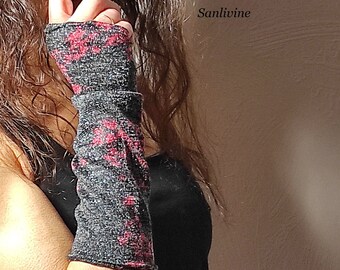 Mitaines anthracite florales  en maille tricot  extensible  Sanlivine