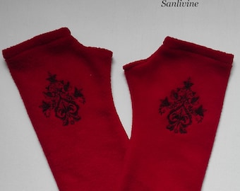 Mitaines baroque en polaire rouge foncé broderie mitaines avec pouce Sanlivine