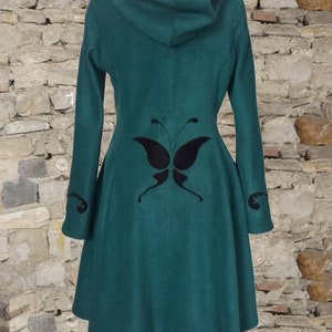 Longue veste femme grande Capuche elfique Elfrith en polaire vert sapin jacket green Elf hood pétrole/bleu canar