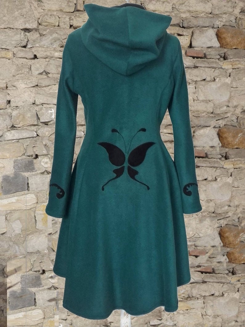 Longue veste femme grande Capuche elfique Elfrith en polaire vert sapin jacket green Elf hood pétrole/bleu canar