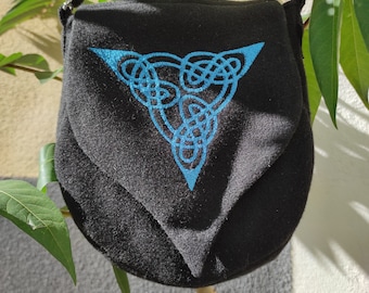 Sac besace à bandoulière noir laine mélangé brodé nœud celtique triquetra trinité lutin druide sac  elfique Sanlivine