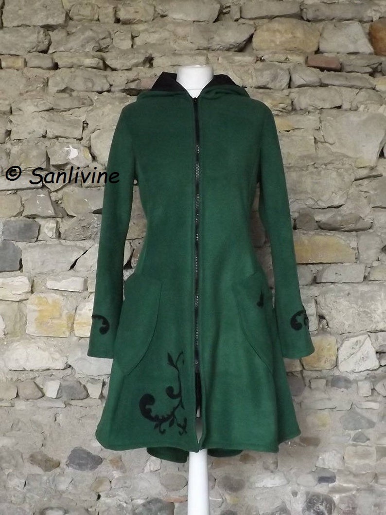 Longue veste femme grande Capuche elfique Elfrith en polaire vert sapin jacket green Elf hood image 2