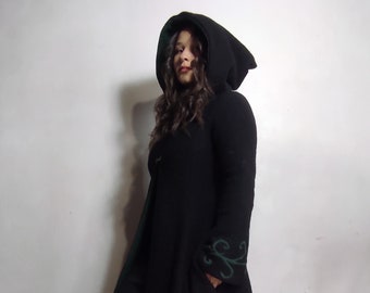 Long black virgin wool coat with large elven elf hood Sanlivine