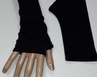 Black thick stretchy cotton jersey mittens, elf and druid fairy mittens