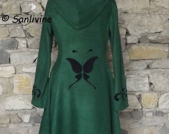 Manteau  d'hiver doublé de fée Elfique   "Elfrith" grande Capuche  polaire vert  Sanlivine fairy coat