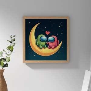 Imagen de impresión de pared con una pareja romántica en luna creciente digital 4K de Among Us, decoración geek para el hogar, regalo perfecto para San Valentín y aniversario