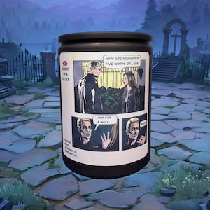 May include: A black cylindrical candle jar featuring a comic book style label. The label displays a scene with two characters and speech bubbles containing the text: Why are you here? Five words or less. Out for a walk... Bitch. Scent of a Killer.