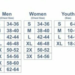 May include: A size chart for clothing with columns for men, women, and youth. The chart shows chest sizes in inches for men and women, and sizes for youth. The sizes range from S to 5X for men, S to 3X for women, and S to XL for youth.