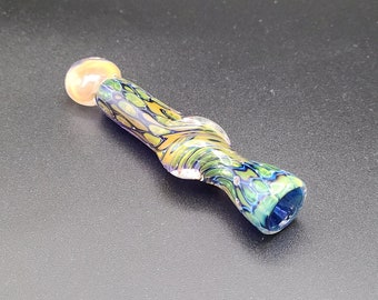 DIZZY LIZARD One Hitter Glass Pipes, Heady Handblown Glass Chillum, Green Blue Pink Fritted Onie USA