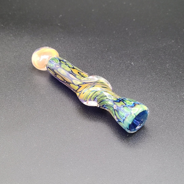 DIZZY LIZARD One Hitter Glass Pipes, Heady Handblown Glass Chillum, Green Blue Pink Fritted Onie USA