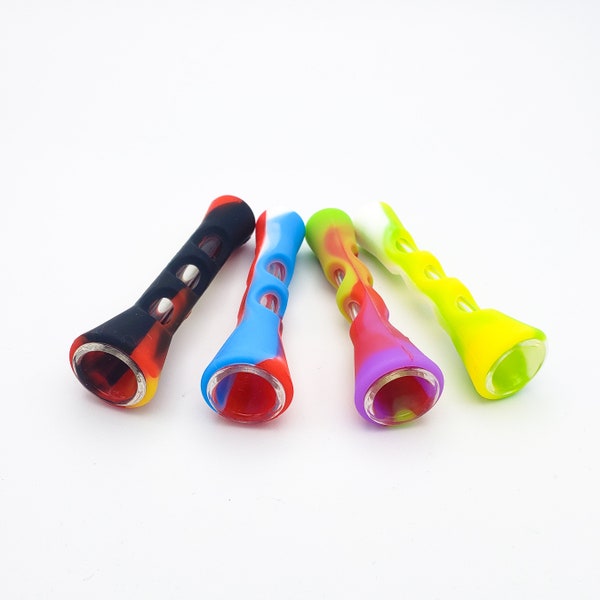 Silicone Chillum Glass Smoking Pipes • THE SILLYCONE • Multicolor Silicone Sleeve Wrap 3" One Hitter Bowl • NEW w/ Free Shipping!!!