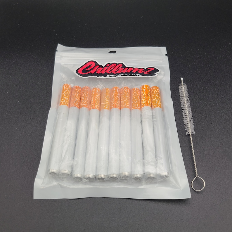 10-Pack Metal One Hitter Dugout Pipes with Steel Bowl Poker and Cleaning Brush | Real-Feel Cigarette Design Smoking Bats for 4 Inch Dug Out image 1