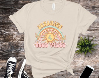 Sunshine & Good Vibes Spring Summer T-shirt retro colors vintage boho floral women's tee gift for Mom or Wife 70's Groovy Grunge Shirt