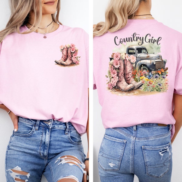 Country Girl Vintage Watercolor Design T-shirt, Cowgirl Boots, Wildflowers and Old Pickup Truck, Soft Style Tee, Great Gift