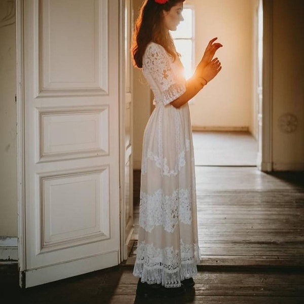 Gorgeous 1970s Bohemian Cotton Lace Wedding Dress Extra Small XS