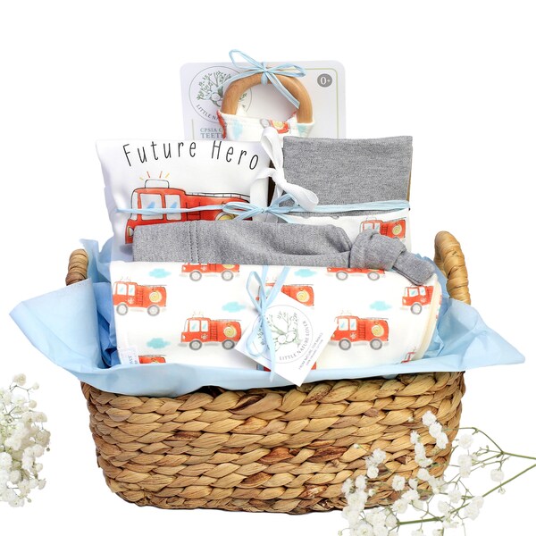 Baby Boy Gift Basket, Firetruck Baby Boy Gift Basket, Organic Baby Gift Basket, Baby Boy Gift, Future Hero Baby Boy Gift, Baby Boy Gift