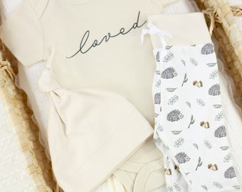 Organic Baby Clothes, Gender Neutral Baby Clothes, Woodland Baby Clothes, Hedgehog Baby Outfit, Nature Baby Leggings, Coming Home Baby