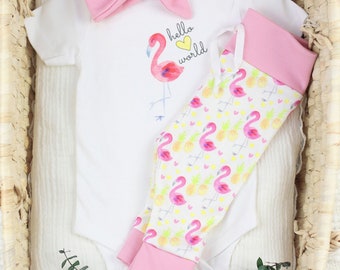 Organic Baby Clothes, Baby Girl Coming Home Outfit, Flaming Baby Outfit, Flamingo Baby Girl Bodysuit, Flamingo Baby Leggings, Hello World